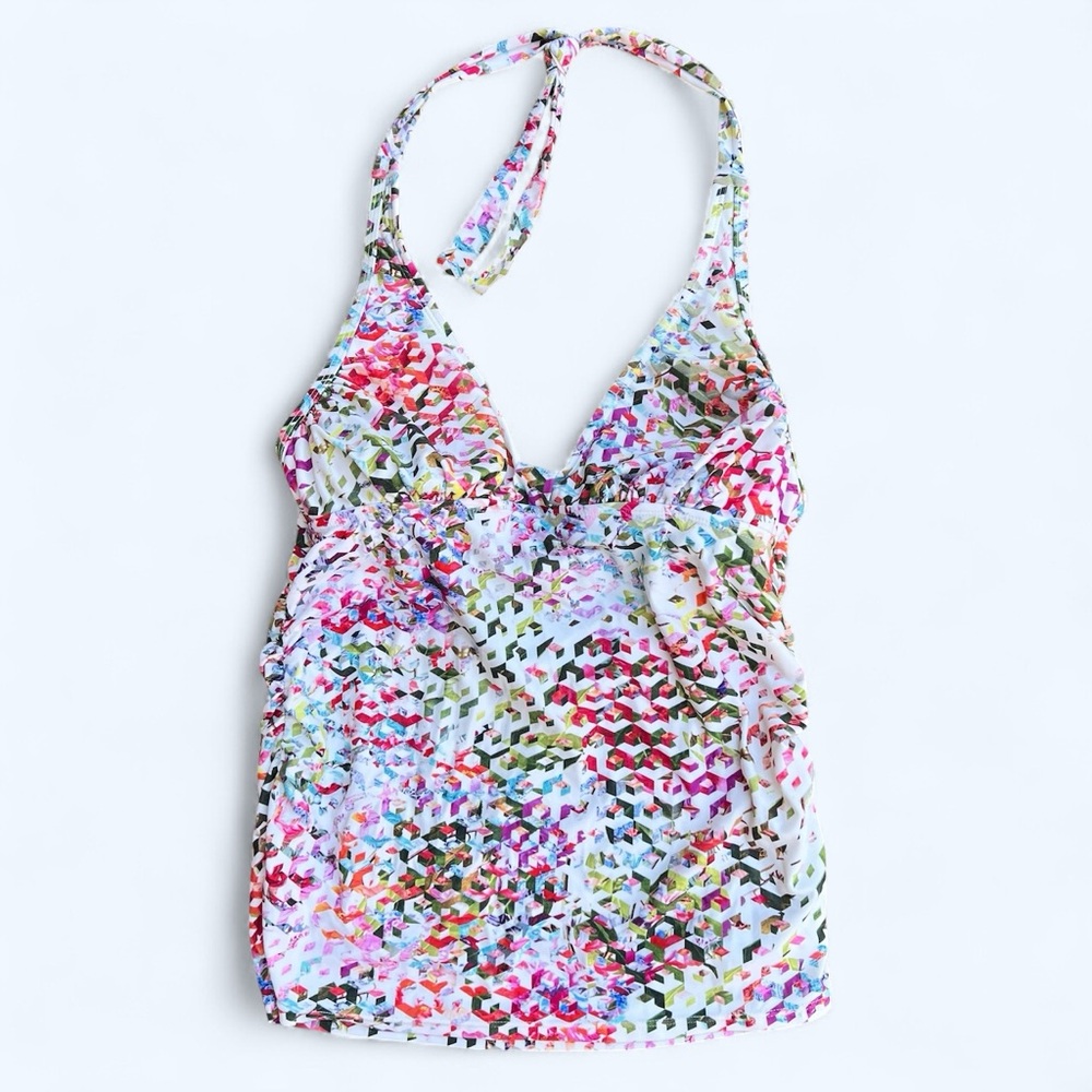 Athleta white pink geo print halter tankini top